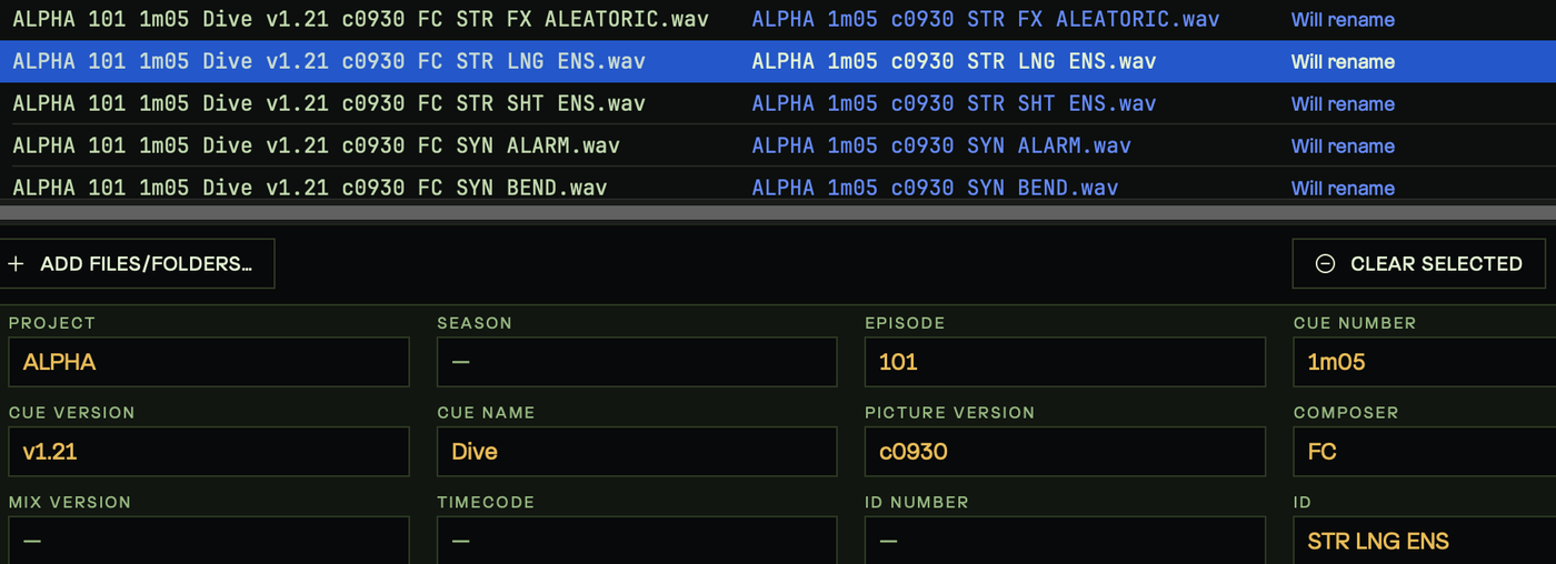 Cue Names: a batch of ALPHA cues previewed with their new spec-compliant names, and the field editor below parsing the selected file into project ALPHA, episode 101, cue number 1m05, version v1.21, picture version c0930, composer FC