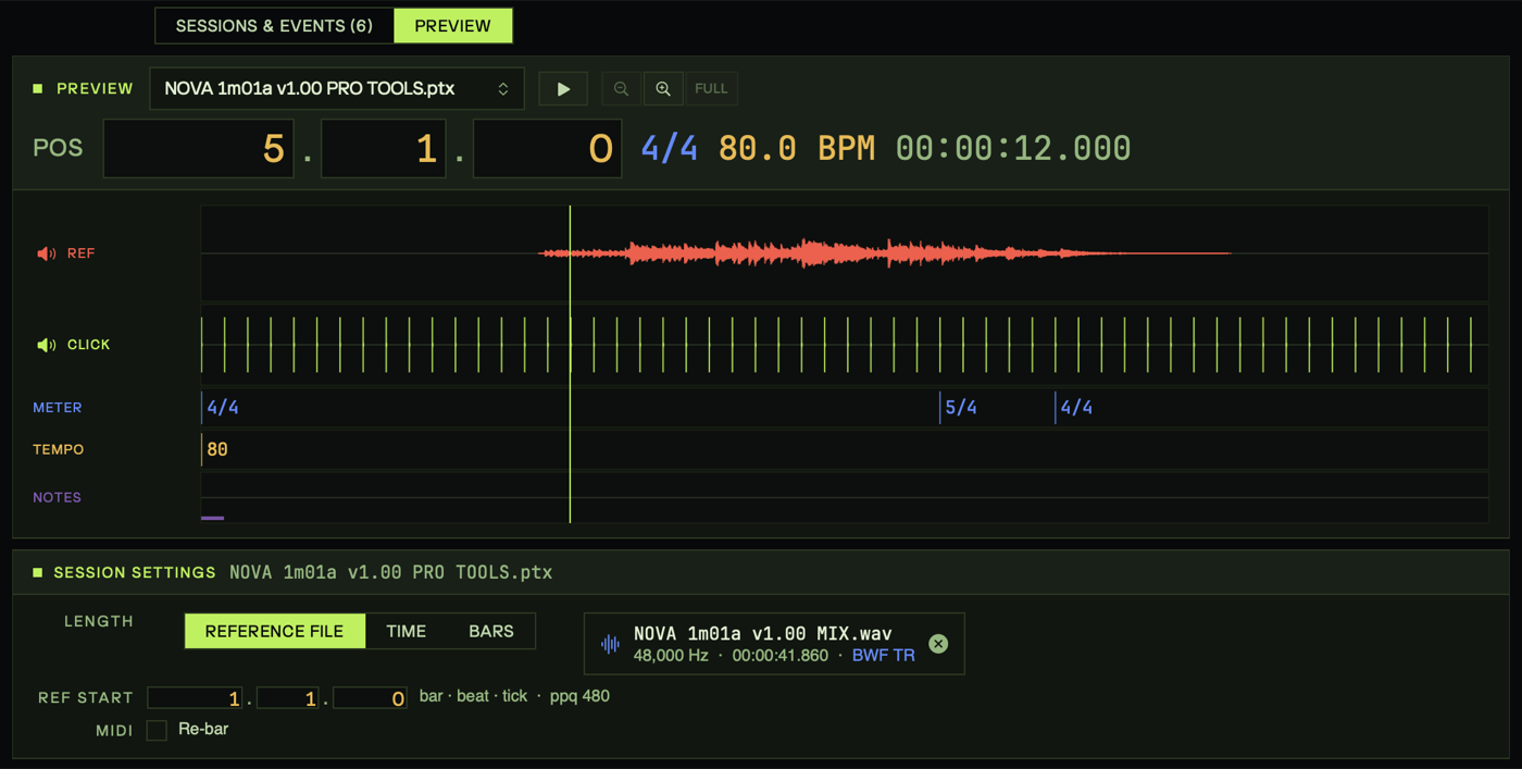 Tempo/Meter Events: tempo and meter changes read from a Pro Tools session — 80 BPM with a 4/4 to 5/4 meter shift — previewed as a click track against the reference mix