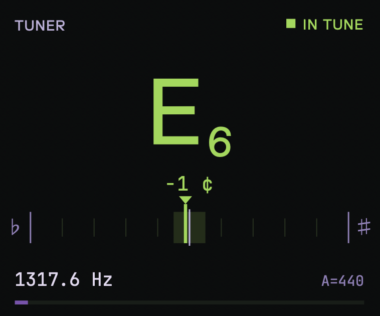 TunedOut tuner showing note E6 in tune at 1317.6 Hz